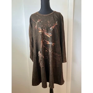 Jess & Jane 100% Baumwolle Mineral Washed Kleid Braun Langarm Libellenmuster M - Bild 1 von 11