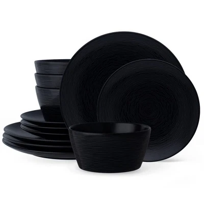 Colorscapes Black-on-Black Swirl 12-Piece Coupe Dinnerware Set, Service for 4 - Image 1 of 4