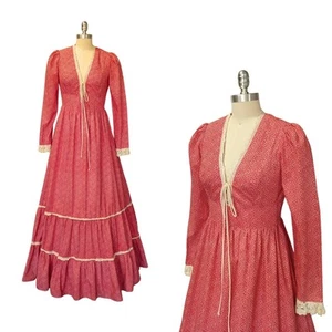 Gunne Sax Red Calico Corset Maxi Dress Size 11 70s Vintage Prairie V Neck - Picture 1 of 12
