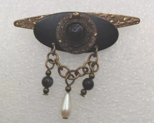 Vintage Silver Forest Brooch Pin With Black Gold Stone And Faux Pearl Dangles - Picture 1 of 5
