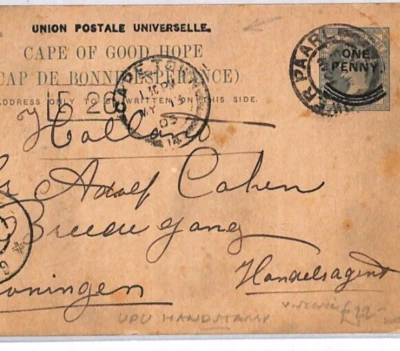 Tarjeta de papelería Sudáfrica COGH *UPU* sello manual par Países Bajos 1905 YO68 Foto 1 de 4