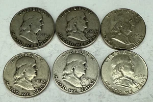 Lot of 6 51, 52, & 63  50C Ben Franklin Half Dollars 90% Silver Coins - Picture 1 of 4