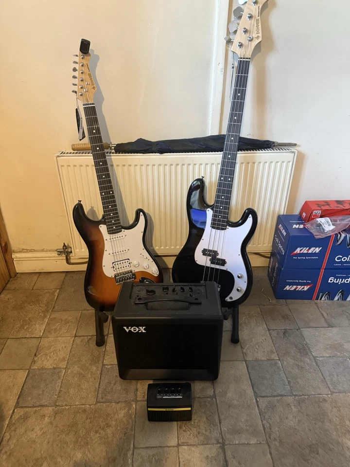 One Donna bass guitar one Donna lead guitar fox AC15 amplifier practice amplifie - Image 1 of 1