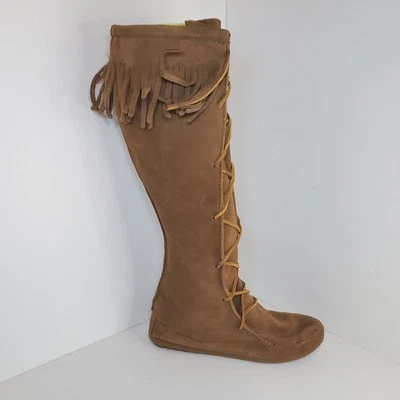 MINNETONKA 1428 Feminino Tamanho 7 Botas Frontais com Cadarço Joelho Alto Mocassim Franja Excelente Estado Usado - Imagem 1 de 4