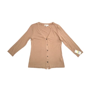 Fever Women's Ribbed Button-Down 3/4 Sleeve Knit Top Beige Medium - Picture 1 of 7