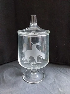 Lidded Glass Apothecary Jar Etched Picture of A Horse And Rider 7.75" Tall - Picture 1 of 3