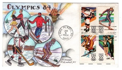 #2070a Olympics Block/4 Dorothy Knapp Hand Painted 1984 FDC Lake Placid NY - Image 1 of 2
