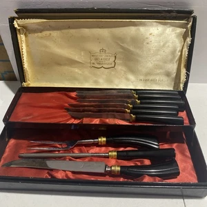 Juego de talla de colección Sheffield Crown Crest England y 6 cuchillos para carne chapados en oro de 24kt - Imagen 1 de 15