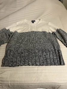 Denim & Co. weicher Strickpullover V-Ausschnitt Zopfmuster blau grau und weiß Grobstreifen 2X - Bild 1 von 11