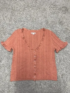 American Eagle Ribbed Button Front Ruffle Trim Top Rust Orange Women’s Size L - Picture 1 of 12