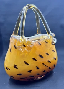 Murano style hand blown leopard print amber/black glass purse/handbag, 7 1/2 inc - Picture 1 of 9