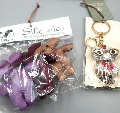 OWL KEY CHAIN Rhinestones SILK Elephants Shinawatra Thailand FREE USA SHIPPING - Image 1 of 4