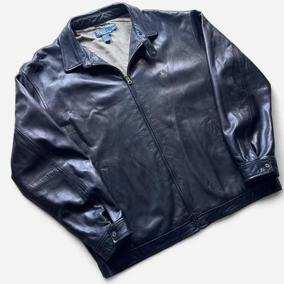 Chaqueta Polo Vintage Años 90 Por Ralph Lauren Cuero Genuino XXL Negra Foto 1 de 4
