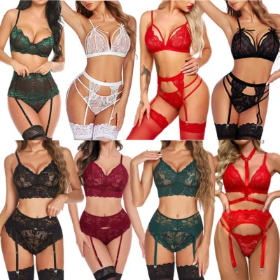 Womens Floral Lace Lingerie Set with Garter Belts Sexy Bra Panty Underwear Teddy - Image 1 of 4