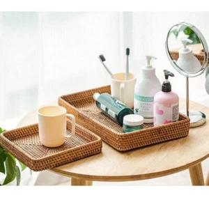 3 Pcs Retro Vietnamese Rattan Serving Tray Hand Woven Storage Organizer Basket - Picture 1 of 12