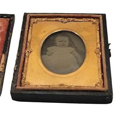 Vintage AMBROTYPE Photo of a Baby Christening Gown Daguerreotype Full Case 1850s - Image 1 of 4