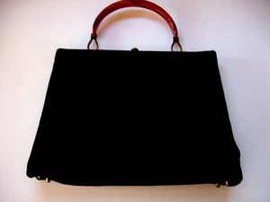 BOBBIE JEROME 1950's Large Lush Black Velvet Handbag with Bakelite Handles 12" - Picture 1 of 15