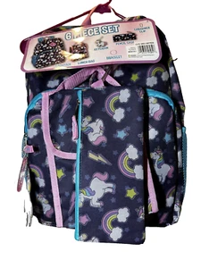 Einhorn Regenbogen 6-teiliges Rucksack-Set mit Brottasche, Schlüsselanhänger, Armband, Etui & Clip - Bild 1 von 5