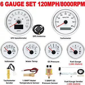 6 Gauge Set 85mm White GPS Speedometer 120MPH Tacho&52mm Fuel/Temp/Oil/Volt - Picture 1 of 7
