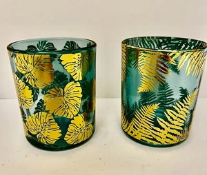 Aqua und Gold tropische Blätter MCM Stil Glas Votivkerzenhalter 2er Set - Bild 1 von 6