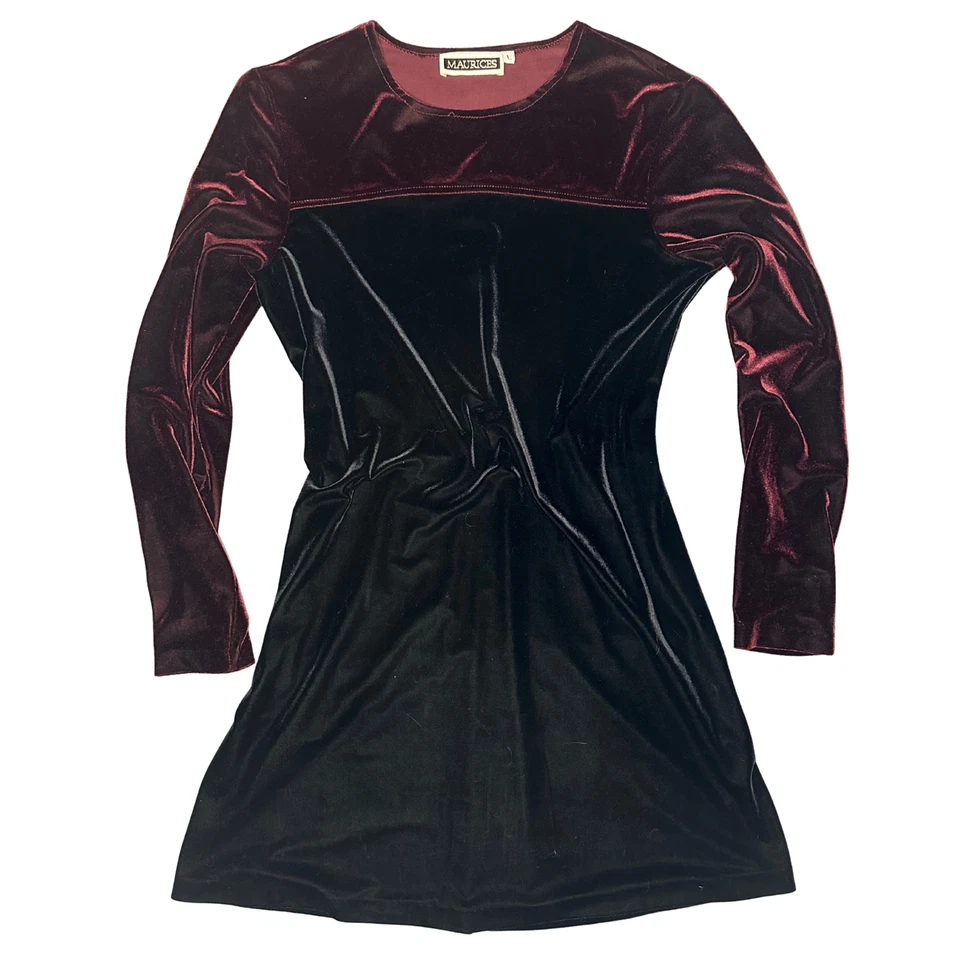 Long Sleeved Whimsigoth Vintage Maurices Black•Burgundy Velvet Mini Dress - Image 1 of 4