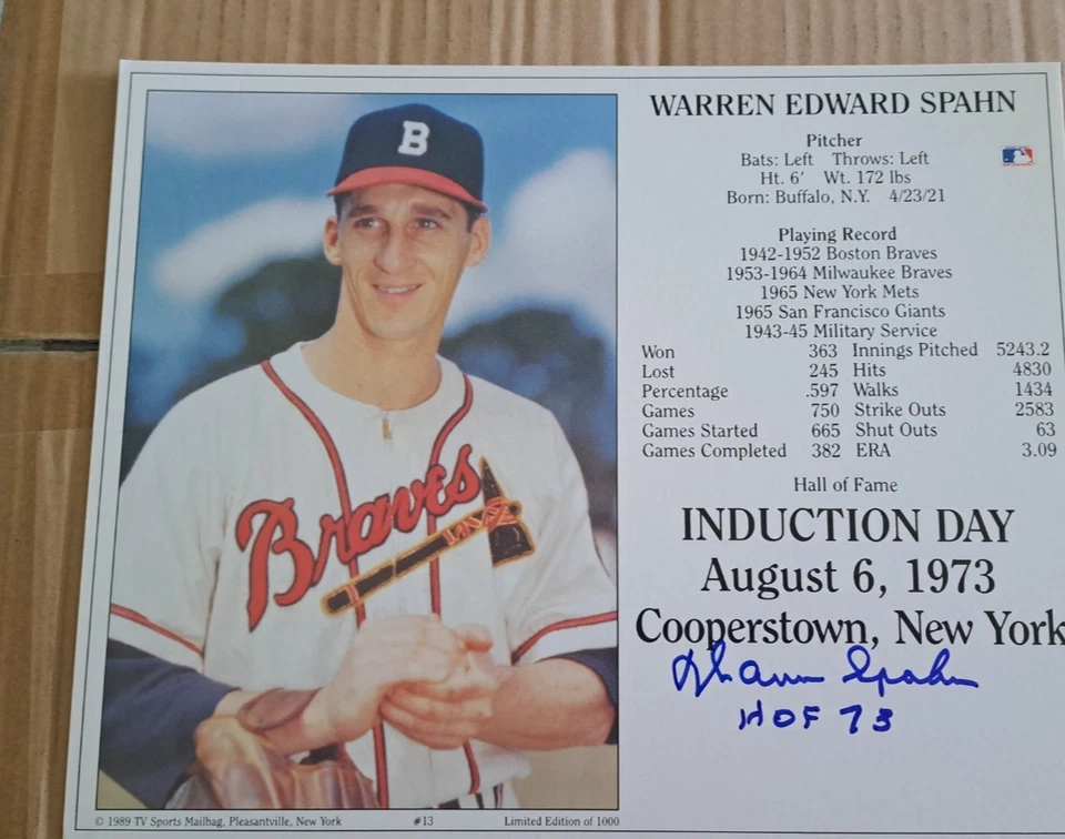 WARREN SPAHN SIGNED AUTOGRAPHED 8X10 HALL OF FAME INDUCTION DAY CARD W/HOF 73 - Image 1 of 1