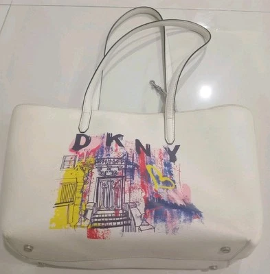 Elegante BOLSO DE HOMBRO DKNY colorido graffiti ARTE logotipo blanco 100 % cuero de vaca Foto 1 de 4