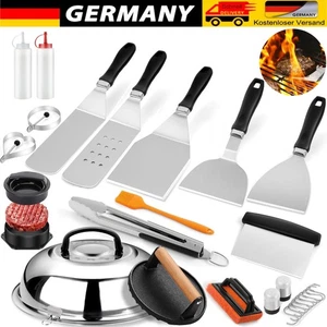 Spatola Barbecue Professionale Plancha Accessori, 27 Pezzi Set di Posate da Barbecue in Acciaio Inox BBQ. - Foto 1 di 17