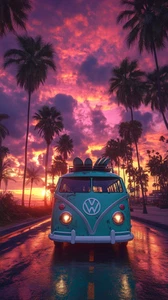 Canvas Art Volkswagon Campervan Sunset Purple Wall Picture Poster Print - Picture 1 of 22