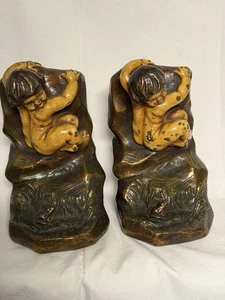 Antike Rüstung Bronze verkleidet S. Morani Kind Frosch Kunst Statue Skulptur Buchstützen - Bild 1 von 12