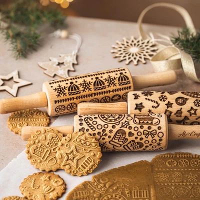 CHRISTMAS FUN 3 Kid Rolling Pin Set. Wooden Laser Cut Embossing Cut Mini Rolling - Image 1 of 4