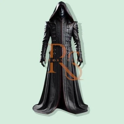 Dark Mage Costume Trench Coat | Hooded Black Faux Leather Cosplay Robe for Men - Image 1 of 3