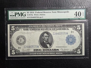 Series of 1914 $5.00 FRN, FRB Minneapolis MN, FR 879 A, Graded PMG XF 40 EPQ - Picture 1 of 2