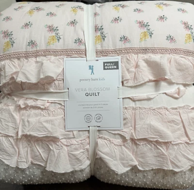 POTTERY BARN KIDS VERA BLOSSOM QUILT FULL/QUEEN PINK RUFFLE FLORAL STRIPES - Image 1 of 4