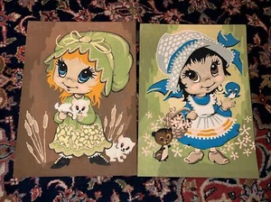 Pr Vintage 1970s Paint by Number Big Eye Girls Paintings 14”x10” - Picture 1 of 5