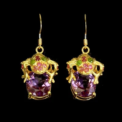925 Sterling Silver Earrings Oval Amethyst Chrome Diopside Frog Gemstone Jewelry - Image 1 of 4