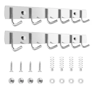 2Pcs Versatile Hanger 6 Hook Stainless Steel Wall Rack for Kitchen and Bathroom - Picture 1 of 8