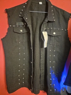 Chaleco Denim Negro Tachonado Punk Motociclista Metal Sin Mangas Borde Crudo 4XL Talla Asiática Foto 1 de 4