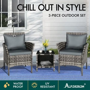 ALFORDSON Outdoor Furniture 3PCS Wicker Bistro Set Patio Chairs Table Mixed Grey - Picture 1 of 11