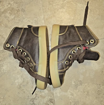 Botas de cuero marrón Gap talla 7 niño pequeño con cuadros búfalo usadas Hightop boot zapato Foto 1 de 4