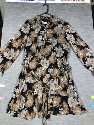 Экспресс-платье женщин XL черное золото цветочный галстук талии длинным рукавом мини новый ярлыки - Изображение 1 из 4