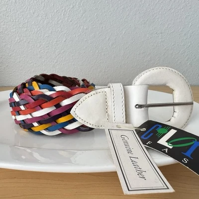 Vintage Braided Belt Split Leather Rainbow White NOS 80s 90s Women Sz M/L Retro - Image 1 of 4