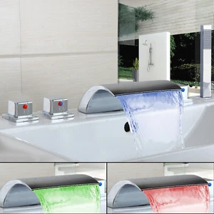 LED Bath Tub Filler Waterfall Spout Hand Shower Faucet Combo 5 Holes Deck Mount - Picture 1 of 11
