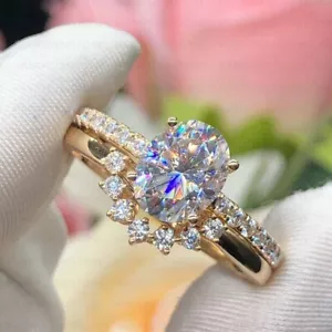 Oval Cut FVS1 Lab Grown Diamond Matching Wedding Ring Bridal Set 14K Yellow Gold - Picture 1 of 8