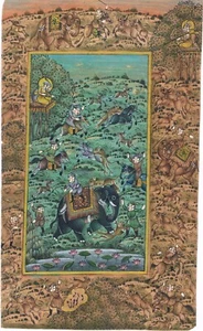 Indian Miniature Painting Of Emperor Hunting The Wild Animals 4x6.5 Inches - Picture 1 of 6