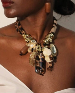 Leopard Print Cloth Necklace Wood Resin Gold Beads Paper Clip Chain Earring Set - Picture 1 of 7