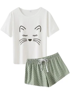 NEU - VENTELAN Pyjama Set grün Katze - Damen M - Bild 1 von 7