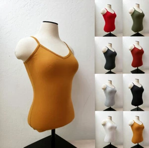 Women Basic Solid Stretch V-Neck Spaghetti Strap Tank Top Cami Camisole RT62442 - Picture 1 of 27