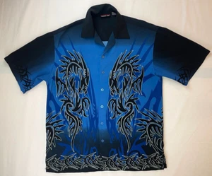 Vintage Level Ten Tribal Dragon Y2K Short Sleeve Button Shirt Blue Medium Flames - Picture 1 of 7