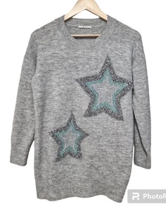 TU Star Christmas Embroidered Jumper Size 8 10 12 Grey Silver Green Stretch - Picture 1 of 15